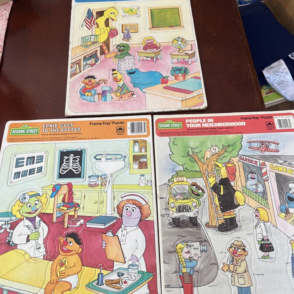 3 14” Sesame Street Frame Tray Puzzle Vintage 1984-88 Golden Vintage